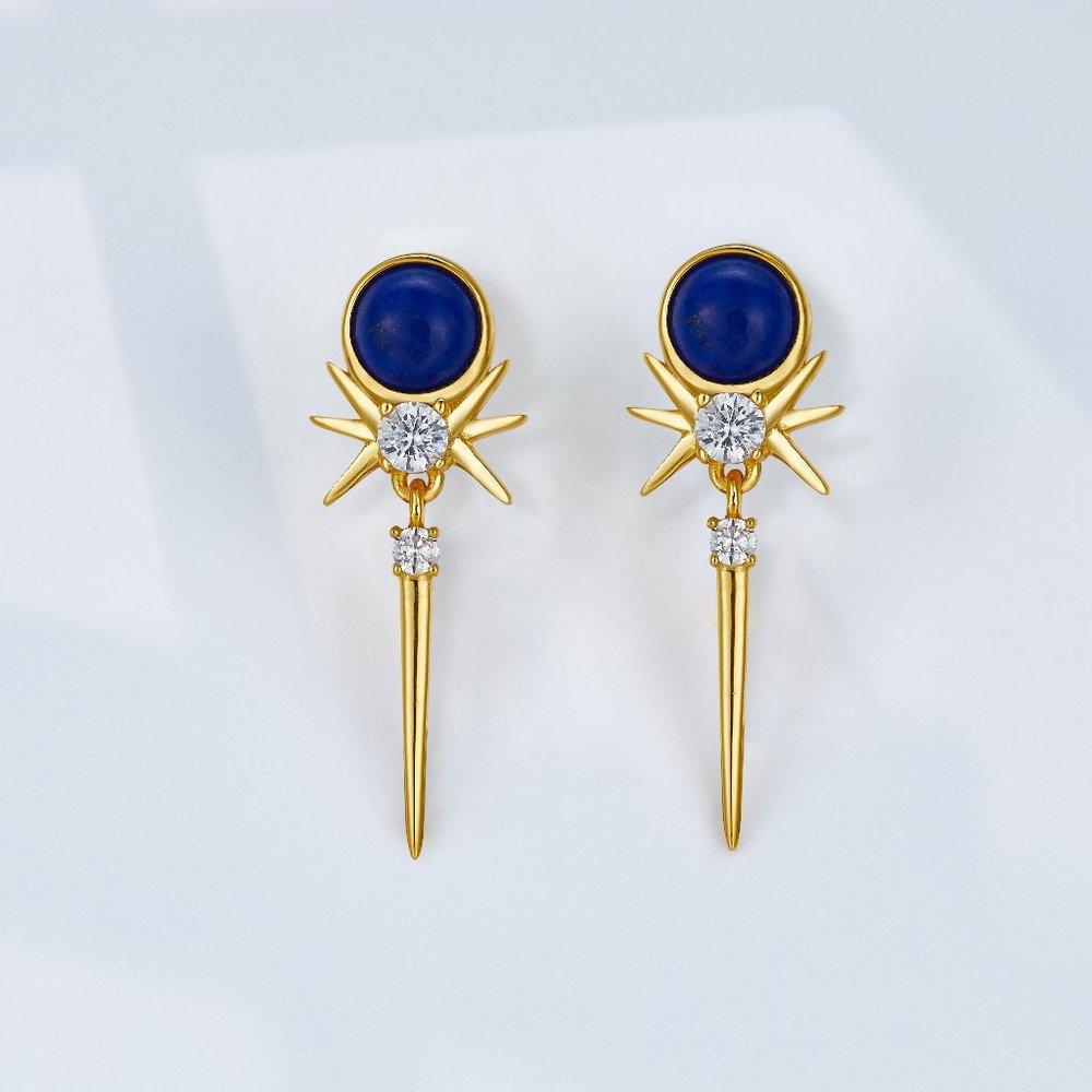 NEW 18K gold plated sterling silver earrings,natural lapis lazuli,gemstone - Picture 1 of 12